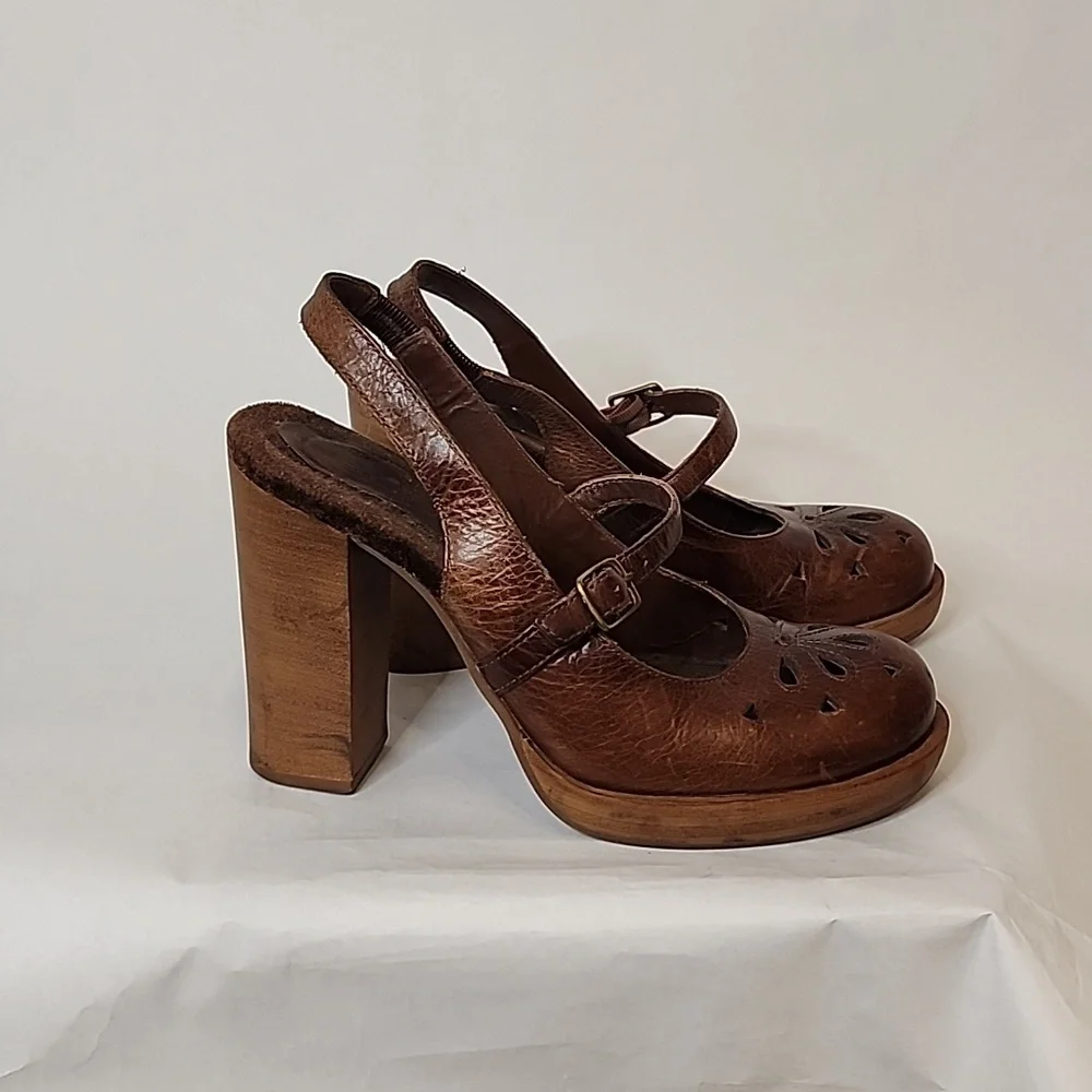 Dr. Scholl's Women's stacked heel Platform Brown Leather Slinback Mary Janes s7 - Picture 2 of 3